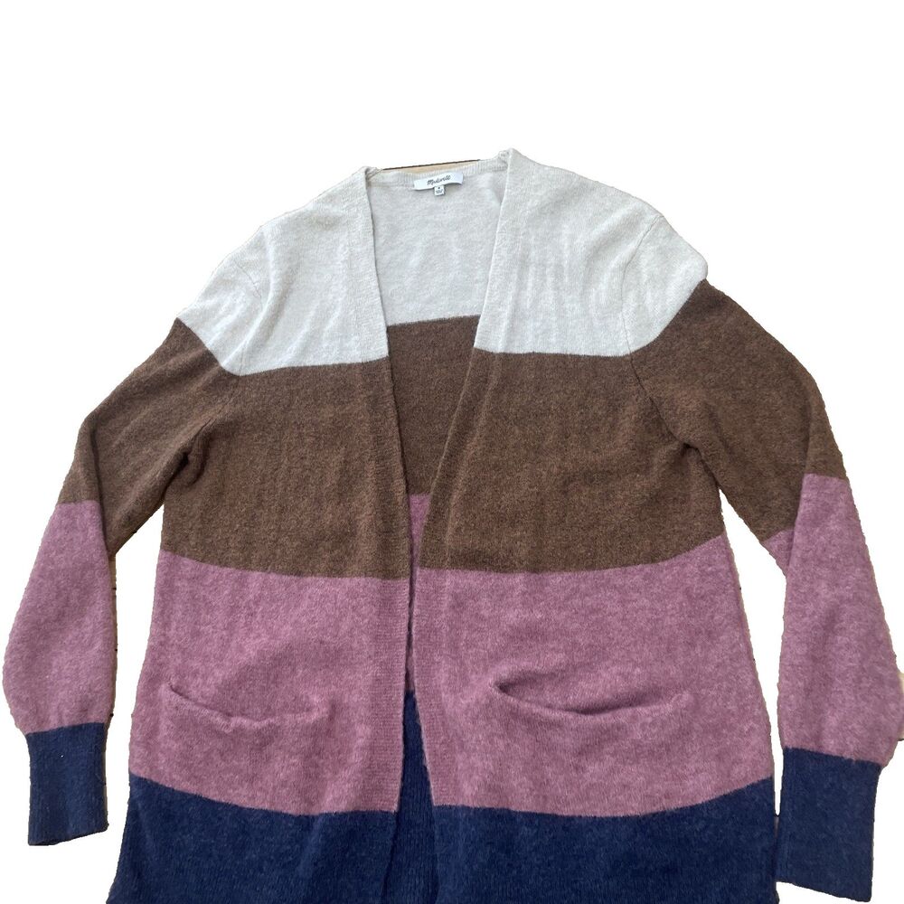 Madewell Merino Wool Alpaca Cardigan Women M Multicolor Stripe Pockets Open Knit